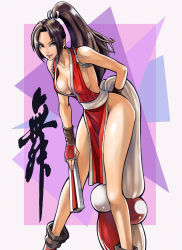 Rule 34 | 1girl, breasts, brown eyes, brown hair, cleavage, fatal fury, female focus, folded fan, folding fan, hand fan, highres, holding, holding fan, large breasts, long hair, matching hair/eyes, ninja, parted lips, pelvic curtain, ponytail, revealing clothes, shiranui mai, sideboob, simple background, smile, solo, standing, thick thighs, thighs