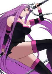 Rule 34 | 1girl, bare shoulders, breasts, cleavage, detached sleeves, dress, fate/stay night, fate (series), highres, holding, holding weapon, large breasts, long hair, looking at viewer, medusa (fate), medusa (rider) (fate), purple eyes, purple hair, reibun (raven1119), solo, strapless, strapless dress, thighhighs, very long hair, weapon