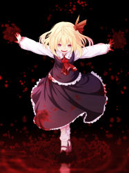 Rule 34 | 1girl, blonde hair, blood, blood splatter, blood on hands, bobby socks, airplane arms, dark background, full body, hair ribbon, highres, kannazuki (devilcode666), long sleeves, looking at viewer, mary janes, open mouth, outstretched arms, red eyes, ribbon, rumia, running, running on blood, shirt, shoes, short hair, skirt, smile, socks, solo, splashing, spread arms, touhou, vest, white shirt