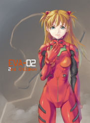 Rule 34 | 1girl, blue eyes, bodysuit, bracer, breasts, brown hair, character name, cowboy shot, english text, eva 02, expressionless, gloves, hair ornament, highres, imamushi, long hair, looking at viewer, neon genesis evangelion, orange hair, pilot suit, plugsuit, silhouette, small breasts, solo, souryuu asuka langley, turtleneck, two side up