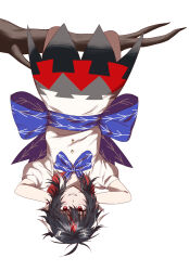 Rule 34 | 1girl, arms behind head, black hair, branch, commentary, cone horns, dress, grey horns, highres, horns, kijin seija, mena (menappippi), multicolored clothes, multicolored dress, pointy ears, red eyes, red hair, simple background, smile, solo, touhou, trick or treat, upside-down, white background, white dress