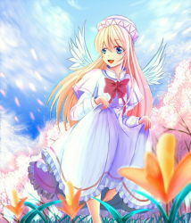 Rule 34 | 1girl, bad id, bad pixiv id, barefoot, blonde hair, blue eyes, blue sky, bow, capelet, cherry blossoms, clothes lift, cloud, day, facing away, flower, grass, hat, leg up, lily white, long hair, open mouth, outdoors, petals, skirt, skirt lift, sky, solo, touhou, tree, wendell, wings