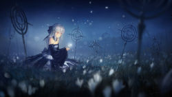 Rule 34 | 1girl, bare shoulders, blurry, breasts, cleavage, cross, cupping hands, depth of field, detached collar, detached sleeves, dress, flower, glowing, hjl, long hair, own hands together, petals, pixiv fantasia, pixiv fantasia wizard and knight, red eyes, sitting, solo, staff, strapless, strapless dress, white hair