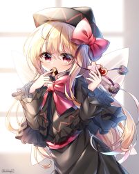 Rule 34 | 1girl, artist name, black dress, black hat, blonde hair, blurry, blurry background, blush, bow, bowtie, capelet, chocolate, commentary, dress, eating, fairy wings, frilled capelet, frilled sleeves, frills, hands up, hat, highres, indoors, lily black, lily white, long hair, long sleeves, looking at viewer, pudding (skymint 028), red bow, red bowtie, red eyes, signature, solo, touhou, valentine, window, wings