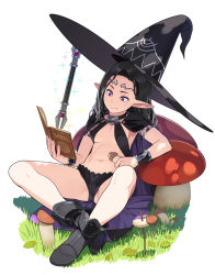 Rule 34 | 1girl, :t, black hair, book, boots, bracer, cape, eating, go robots, hat, highres, midriff, mushroom, navel, original, pauldrons, pointy ears, red eyes, revealing clothes, shoulder armor, sitting, solo, staff, witch hat