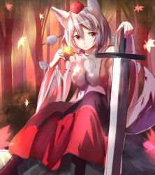 Rule 34 | 1girl, animal ears, autumn leaves, bad id, bad pixiv id, breasts, detached sleeves, forest, hat, hizagawa rau, inubashiri momiji, large breasts, long sleeves, looking at viewer, nature, red eyes, shirt, sideboob, silver hair, sitting, skirt, solo, sword, tail, tokin hat, touhou, weapon, wide sleeves, wolf ears, wolf tail