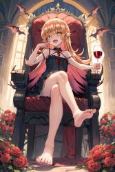 Rule 34 | 1girl, absurdres, alcohol, armchair, bare shoulders, barefoot, bat (animal), black dress, blonde hair, bright pupils, chair, crossed legs, cup, diamond-shaped pupils, diamond (shape), dress, drinking glass, ebora, fangs, feet, flower, hand up, highres, indoors, legs, long hair, looking at viewer, monogatari (series), open mouth, oshino shinobu, petite, red flower, red rose, rose, sitting, slit pupils, soles, solo, symbol-shaped pupils, teeth, toes, upper teeth only, vampire, very long hair, white pupils, wine, wine glass, yellow eyes