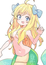 Rule 34 | 1girl, :d, ahoge, blonde hair, blue bow, blue eyes, bow, breasts, fang, female focus, gazacy (dai), hair bow, hair over breasts, highres, jashin-chan, jashin-chan dropkick, lamia, long hair, monster girl, navel, open mouth, simple background, smile, solo, white background
