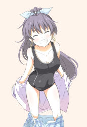 Rule 34 | 1girl, black hair, blush, breasts, cleavage, closed eyes, covered navel, dress shirt, earrings, ganaha hibiki, grin, hair ribbon, idolmaster, idolmaster (classic), jewelry, leaning forward, long hair, one-piece swimsuit, open clothes, ponytail, ribbon, shirt, simple background, skirt, unworn skirt, smile, solo, swimsuit, tsukumo (soar99), undressing