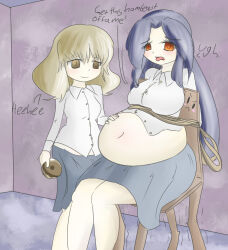 2girls big_belly food long_hair multiple_girls open_clothes open_shirt shirt weight_gain white_shirt