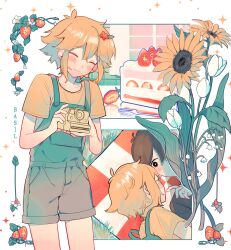 Rule 34 | 2boys, ^ ^, absurdres, basil (faraway) (omori), basil (omori), black eyes, black hair, blanket, blonde hair, blue shorts, blush, cake, cake slice, camera, character name, closed eyes, closed mouth, collarbone, commentary, english commentary, flower, food, fork, fruit, grass, green shirt, hair between eyes, hair flower, hair ornament, highres, holding, holding camera, leaf, lily of the valley, lying, male focus, momi omori, multiple boys, multiple views, omori, on back, on side, overall shorts, overalls, plant, red flower, shirt, short hair, short sleeves, shorts, sidelocks, simple background, smile, sparkle, strawberry, strawberry blossoms, strawberry plant, strawberry shortcake, sunflower, sunny (omori), t-shirt, tulip, white background, white flower, yellow flower