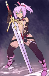 Rule 34 | 1girl, bare shoulders, blush, boots, breasts, cleavage, elbow gloves, fingerless gloves, gloves, green eyes, highres, houtengeki, navel, original, pink footwear, pink hair, ponytail, small breasts, solo, sword, thighhighs, weapon