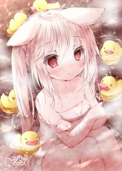 Rule 34 | 1girl, @ @, animal ears, blush, crossed arms, ears down, highres, in water, knees up, long hair, moco ofuton, naked towel, onsen, original, parted lips, partially submerged, red eyes, rubber duck, sitting, solo, steam, sweat, towel, twintails, wet, white hair