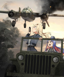 Rule 34 | 4girls, aircraft, aircraft request, airplane, annin musou, b-25 mitchell, bad id, bad twitter id, belt, belt buckle, black belt, black jacket, black skirt, blonde hair, blue eyes, blue hair, blush, bomber jacket, buckle, collared shirt, driving, fairy (kancolle), grey eyes, highres, holding, hornet (kancolle), jacket, jeep, kantai collection, long hair, long sleeves, motor vehicle, multicolored hair, multiple girls, open mouth, red hair, shirt, skirt, south dakota (kancolle), vehicle focus, white hair, white shirt