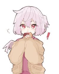 Rule 34 | !, 1girl, ^^^, aji (pokedegi), brown sweater, commentary request, doughnut, feathered wings, food, grey hair, grey wings, hands up, highres, holding, holding food, kishin sagume, looking at viewer, open mouth, purple shirt, red eyes, shirt, short hair, simple background, single wing, sleeves past wrists, solo, sweater, teeth, touhou, upper body, upper teeth only, white background, wings