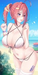 Rule 34 | 1girl, bare shoulders, bikini, blue eyes, blue nails, blue sky, blurry, blurry background, breasts, cleavage, dated, day, front-tie bikini top, front-tie top, hair between eyes, highres, ineedu041 tako, large breasts, long hair, looking to the side, nail polish, navel, original, outdoors, ponytail, red hair, sky, solo, string bikini, summer, swimsuit, thighhighs, thighs, white bikini, white thighhighs