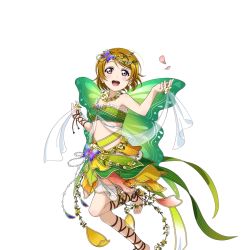 Rule 34 | 10s, 1girl, ankle lace-up, armpits, badge, bandeau, bare shoulders, barefoot, barefoot sandals (jewelry), blush, brown hair, collarbone, cross-laced footwear, earrings, feet, flower, flower necklace, flower wreath, gem, green skirt, head wreath, jewelry, koizumi hanayo, layered skirt, love live!, love live! school idol festival, love live! school idol project, midriff, necklace, official art, open mouth, pearl (gemstone), petals, purple eyes, round teeth, see-through, shawl, short hair, skirt, solo, teeth, third-party edit, toes, transparent background, white background, wings, wristband