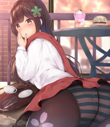 Rule 34 | 1girl, :o, apron, ass, black pantyhose, blurry, blush, brown hair, burger, cafe, cherry blossom print, commentary request, cup, depth of field, drinking glass, drinking straw, floral print, food, girls&#039; frontline, hair ornament, hand on own cheek, hand on own face, highres, houraku, indoors, long hair, looking at viewer, looking back, on floor, panties, panties under pantyhose, pantyhose, saucer, shirt, solo, spill, striped clothes, striped panties, table, teacup, tray, type 100 (girls&#039; frontline), underwear, very long hair, white shirt, window