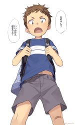 Rule 34 | 1boy, artist name, backpack, bag, bandaid, bandaid on knee, bandaid on leg, brown eyes, brown hair, child, d:, feet out of frame, furrowed brow, highres, looking at viewer, male focus, navel, open mouth, original, randoseru, shirt, short hair, short sleeves, shorts, solo, speech bubble, steelwire, t-shirt, tooth, torax, very short hair