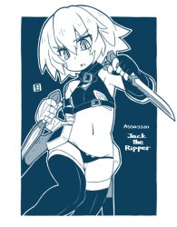 Rule 34 | 1girl, bandaged arm, bandages, bikini, black bikini, black thighhighs, blue background, blue theme, boots, border, breasts, character name, dagger, fate/apocrypha, fate/grand order, fate (series), fingerless gloves, gloves, holding, holding dagger, holding knife, holding weapon, jack the ripper (fate/apocrypha), knife, mawaru (mawaru), navel, open mouth, outline, reverse grip, scar, scar across eye, short hair, single glove, small breasts, solo, stomach, swimsuit, thigh boots, thighhighs, v-shaped eyebrows, weapon, white border, white outline