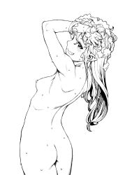 Rule 34 | 1girl, ass, blush, breasts, completely nude, grin, hamada yoshikazu, highres, kiriha (tsugumomo), long hair, nipples, nude, sideboob, simple background, small breasts, smile, soap bubbles, solo, tsugumomo, wet