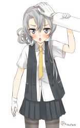 Rule 34 | 1girl, 1other, asymmetrical hair, black pantyhose, black skirt, black vest, collared shirt, cowboy shot, dress shirt, flipped hair, gloves, grey eyes, hand on another&#039;s head, headpat, kantai collection, kujira naoto, looking at viewer, necktie, nowaki (kancolle), pantyhose, pleated skirt, shirt, simple background, skirt, solo focus, swept bangs, thighband pantyhose, vest, white background, white gloves, white shirt, yellow necktie