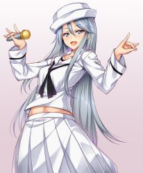 Rule 34 | 10s, 1girl, \n/, black neckerchief, blouse, commentary request, cowboy shot, dixie cup hat, flint (girls und panzer), fox shadow puppet, girls und panzer, gradient background, grey background, grey eyes, grey hair, hat, highres, holding, holding microphone, kuragari, long hair, long skirt, long sleeves, looking at viewer, microphone, midriff, military hat, navel, neckerchief, ooarai naval school uniform, open mouth, pleated skirt, sailor, sailor collar, school uniform, shirt, skirt, smile, solo, standing, white hat, white shirt, white skirt