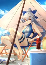 Rule 34 | 1girl, blue bow, blue one-piece swimsuit, bow, breasts, competition swimsuit, faicha, fate/grand order, fate (series), hair between eyes, hair bow, highleg, highleg swimsuit, large breasts, legs, long hair, looking at viewer, one-piece swimsuit, ponytail, red eyes, silver hair, swimsuit, thigh strap, thighs, tomoe gozen (fate), tomoe gozen (swimsuit saber) (fate), tomoe gozen (swimsuit saber) (first ascension) (fate), two-tone swimsuit, white one-piece swimsuit