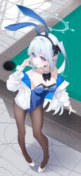 Rule 34 | 1girl, absurdres, alternate costume, animal ears, anohito401, armpits, bare shoulders, billiards, black bow, black bowtie, black pantyhose, blue archive, blue hair, blue halo, blue leotard, blush, bow, bowtie, breasts, cleavage, collar, contrapposto, detached collar, earpiece, fake animal ears, full body, hair intakes, halo, hand on table, hand up, high heels, highleg, highleg leotard, highres, jacket, leotard, light blue hair, long sleeves, medium breasts, miyako (blue archive), off shoulder, one side up, open clothes, open jacket, open mouth, pantyhose, puffy long sleeves, puffy sleeves, purple eyes, rabbit ears, rabbit tail, standing, strapless, strapless leotard, tail, white collar, white footwear, white jacket, white wrist cuffs, wrist cuffs