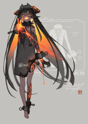 Rule 34 | 1girl, asymmetrical limbs, black hair, burnt clothes, chain, claws, collar, colored inner hair, commentary request, cracked skin, cuffs, dark-skinned female, dark skin, fangs, full body, glowing, glowing eyes, glowing hair, glowing hand, glowing mouth, grey background, highres, horns, id card, lava, long hair, mechanical spine, multicolored hair, orange eyes, orange hair, original, shackles, slit pupils, solo, two-tone hair, very long hair, zenmaibook