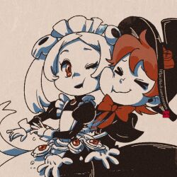 Rule 34 | 2girls, apron, bloody marie (skullgirls), bow, bowtie, brooch, chibi, crying, cyborg, frilled apron, frills, gloves, hug, hug from behind, jewelry, juliet sleeves, long sleeves, looking at another, maid headdress, minawa108, multiple girls, one eye closed, orange hair, peacock (skullgirls), puffy sleeves, red eyes, short hair, skullgirls, smile, twintails