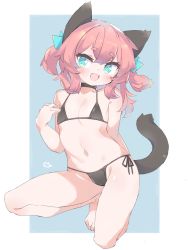 Rule 34 | 1girl, animal ears, barefoot, bikini, black bikini, blue background, blue eyes, breasts, brown hair, cat ears, cat girl, cat tail, choker, fang, feet, groin, highres, kneeling, navel, on one knee, open mouth, original, ribbon, short hair, side-tie bikini bottom, simple background, small breasts, smile, solo, swimsuit, tail, thighs, toes, tomcat (moconeko), two side up