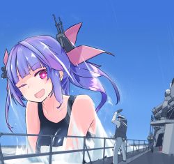 Rule 34 | 1girl, 2boys, blue hair, blue sky, cloud, commentary request, day, destroyer, flower-shaped pupils, giant, giantess, hair ornament, hair ribbon, i-19 (kancolle), kantai collection, long hair, looking at another, military, military vehicle, multiple boys, name tag, natsukaze shigure, one-piece swimsuit, one eye closed, open mouth, pink eyes, ribbon, school swimsuit, ship, size difference, sky, smile, star-shaped pupils, star (symbol), swimsuit, symbol-shaped pupils, tri tails, warship, watercraft, wet