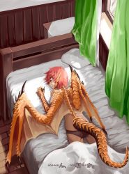 Rule 34 | 1girl, bed, bed sheet, bedroom, commentary request, dragon girl, dragon horns, dragon tail, dragon wings, hitokuirou, horns, lying, messy hair, monster girl, on stomach, original, panties, pillow, red eyes, red hair, scales, sleepy, solo, solo vivace (hitokuirou), spines, tail, underwear, waking up, wings