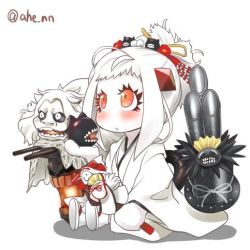 Rule 34 | 1girl, abyssal ship, ahenn, antenna hair, cameo, chibi, colored skin, commentary request, enemy aircraft (kancolle), hagoita, hair ornament, holding, japanese clothes, kadomatsu, kantai collection, kimono, long hair, lowres, machinery, northern ocean princess, paddle, ponytail, red eyes, seaport princess, simple background, sitting, solo, turret, twitter username, white background, white hair, white skin