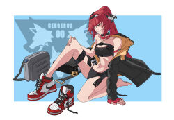 Rule 34 | 1girl, absurdres, black hairband, black jacket, black panties, black tank top, commentary request, hairband, highres, jacket, long hair, long sleeves, nike (company), panties, ponytail, pouch, punishing: gray raven, red eyes, red hair, shoes, sidelocks, sneakers, solo, tank top, thigh pouch, two-sided fabric, two-sided jacket, underwear, vera (punishing: gray raven), wuyishi, yellow jacket