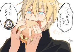 Rule 34 | 1boy, 1girl, absurdres, ars almal, black cape, black shirt, blonde hair, blue eyes, blush, burger, cape, collared shirt, commentary request, ex albio, food, food on face, hair between eyes, hands up, highres, holding, holding food, hood, hood up, hooded cape, looking at viewer, nijisanji, shirt, signature, simple background, sofra, translation request, turtleneck, v-shaped eyebrows, virtual youtuber, white background, white hair, white shirt