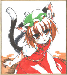Rule 34 | 1girl, animal ears, blush, brown eyes, brown hair, cat ears, cat girl, cat tail, chen, earrings, female focus, hat, jewelry, light smile, marker (medium), multiple tails, phenne, shikishi, single earring, sitting, solo, tail, touhou, traditional media
