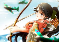 Rule 34 | 10s, 1girl, aircraft, airplane, arrow (projectile), bad id, bad pixiv id, black hair, blue eyes, bow (weapon), cloud, cloudy sky, commentary request, day, drawing bow, eyebrows, flight deck, hakama, hakama skirt, holding, holding bow (weapon), holding weapon, houshou (kancolle), japanese clothes, kantai collection, kimono, long hair, open mouth, ponytail, sheepd, skirt, sky, solo, upper body, weapon