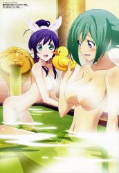 Rule 34 | 10s, 2girls, absurdres, aquarion (series), aquarion evol, bath, blue eyes, blush, breasts, censored, cleavage, convenient censoring, green eyes, green hair, groin, highres, crossed legs, long hair, megami magazine, mikono suzushiro, multiple girls, no nipples, non-web source, nude, official art, purple hair, rubber duck, scan, short hair, sideboob, sitting, sumimoto etsuko, water, zessica wong
