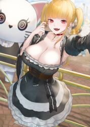 Rule 34 | 1girl, absurdres, black bow, blonde hair, blurry, blurry background, bow, breasts, brown corset, choker, collarbone, corset, detached sleeves, drill hair, earrings, highres, jewelry, key, large breasts, long hair, mascot, open mouth, original, puffy sleeves, railing, red choker, red eyes, rushian, selfie, solo, teeth, twintails, two-tone dress, wide sleeves