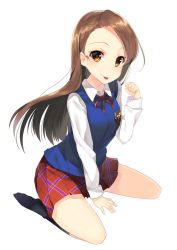 Rule 34 | 1girl, 7zu7, :p, brown eyes, brown hair, idolmaster, idolmaster (classic), long hair, looking at viewer, minase iori, simple background, sitting, skirt, smile, socks, solo, tongue, tongue out, white background