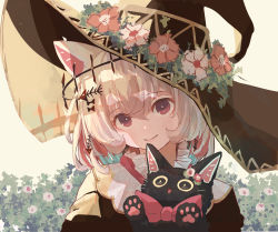 Rule 34 | 1girl, animal, animal ears, black cat, black dress, black hat, blue hair, brown eyes, brown hair, cat, cat ears, closed mouth, commentary, dress, flower, hair between eyes, hat, hat flower, head tilt, heart, highres, looking at viewer, multicolored hair, oimo imoo, original, red flower, red hair, smile, solo, streaked hair, upper body, white flower, witch, witch hat