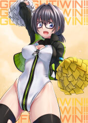 Rule 34 | 1girl, alice gear aegis, black-framed eyewear, black hair, black jacket, black thighhighs, blue eyes, breasts, cleavage, cleavage cutout, clothing cutout, companion/af, cowboy shot, gluteal fold, hair intakes, highleg, highleg leotard, highres, jacket, komazoi eden, leotard, low twintails, medium breasts, not makigai, open clothes, open jacket, open mouth, pom pom (cheerleading), race queen, short hair, solo, thighhighs, twintails, zipper leotard
