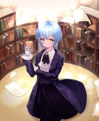 Rule 34 | 1girl, absurdres, bad id, bad pixiv id, black jacket, black neckwear, blouse, blue hair, book, commentary, formal, hair between eyes, highres, holding, holding book, jacket, library, library of ruina, lobotomy corporation, long sleeves, looking at viewer, paper, project moon, shirt, short hair, solo, user gzwf2823, white shirt, yellow eyes