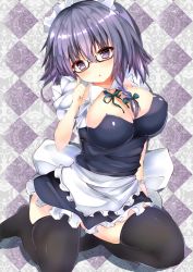 Rule 34 | 1girl, :o, apron, bespectacled, black-framed eyewear, black thighhighs, blush, bow, braid, breasts, checkered background, cleavage, commentary request, detached collar, dress, glasses, green bow, green ribbon, hair between eyes, hair bow, hand up, head tilt, highres, index finger raised, izayoi sakuya, large breasts, looking at viewer, maid headdress, mutou mame, neck ribbon, purple eyes, ribbon, semi-rimless eyewear, short dress, side braid, silver hair, solo, thighhighs, touhou, under-rim eyewear, waist apron