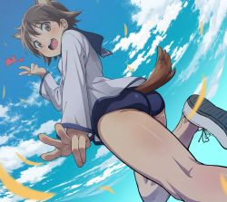 Rule 34 | 1girl, absurdres, animal ears, ass, bare legs, blue sky, blush, brown eyes, brown hair, cloud, commentary request, day, from below, heart, highres, jabittoson, leg up, long sleeves, looking at viewer, looking back, miyafuji yoshika, open mouth, outdoors, school swimsuit, school uniform, short hair, sky, smile, solo, standing, standing on one leg, strike witches, swimsuit, swimsuit under clothes, tail, uniform, v, world witches series