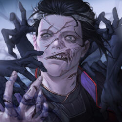 Rule 34 | 1boy, black hair, black hands, black shirt, commentary request, doctor strange, doctor strange in the multiverse of madness, fingernails, gold trim, grey eyes, grey hair, grey sky, korean commentary, looking at viewer, magic, male focus, marvel, marvel cinematic universe, multicolored hair, multiple hands, open mouth, outdoors, poboong123, scar, scar across eye, scar on face, shirt, short hair, sky, solo, teeth, torn skin, two-tone hair, upper body