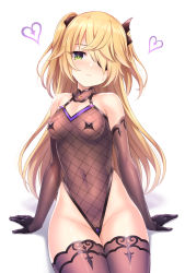 Rule 34 | 1girl, bare shoulders, black gloves, blonde hair, blush, breasts, brown leotard, brown sleeves, brown thighhighs, closed mouth, collarbone, commentary request, covered navel, detached sleeves, elbow gloves, eyepatch, fischl (genshin impact), fishnet leotard, genshin impact, gloves, green eyes, groin, hair over one eye, heart, highleg, highleg leotard, highres, leotard, long hair, long sleeves, looking at viewer, medium breasts, nose blush, shadow, simple background, sitting, solo, sweat, thighhighs, tomo (tmtm mf mf), two side up, very long hair, white background