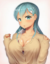 Rule 34 | 1girl, aqua eyes, aqua hair, blush, breasts, brown jacket, brown sweater, buttons, collarbone, hair between eyes, jacket, kantai collection, large breasts, long hair, long sleeves, looking at viewer, maku ro, open mouth, solo, suzuya (kancolle), sweater jacket, upper body